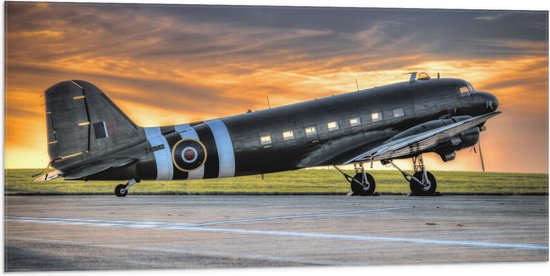 WallClassics - Vlag - Zwart Vliegtuig bij Zonsondergang - 100x50 cm Foto op Polyester Vlag