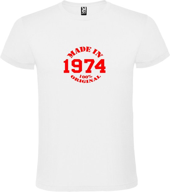 Wit T-Shirt met “Made in 1974 / 100% Original “ Afbeelding Rood Size M