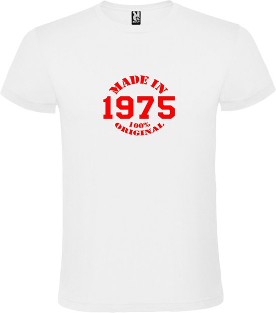 Wit T-Shirt met “Made in 1975 / 100% Original “ Afbeelding Rood Size XS