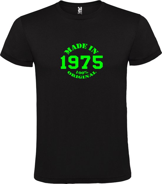 Zwart T-Shirt met “Made in 1975 / 100% Original “ Afbeelding Neon Groen Size XXXXXL