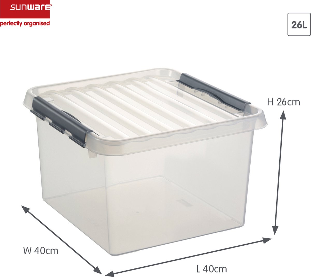 Dynamic24 Opbergdoos, 26 liter, met deksel en clipsluiting, 40 x 40 x 27 cm, kunststof box, stapelbox, stapelbox, opslag, rek, box, transparant, stapelbare boxen voor kleding, speelgoed, decoratie