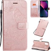 Hoesje Vlinders Roze - Geschikt voor Apple iPhone 13 / 14 - Portemonnee Book Case - Boekje Met Kaarthouder / Pasjeshouder en Magneetsluiting - Booklet Beschermhoes - Boekhoesje met Draagkoord