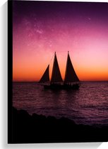 WallClassics - Canvas - Zeilboot op Zee met paars gele Lucht - 40x60 cm Foto op Canvas Schilderij (Wanddecoratie op Canvas)