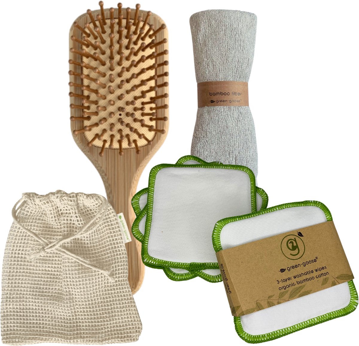 Haar Verzorgingspakket M | 3 Gezichtreinigingsdoeken | 5 Make-up remover Pads | Waszakje | Bamboe Haarborstel | Duurzaam | Minimal Waste