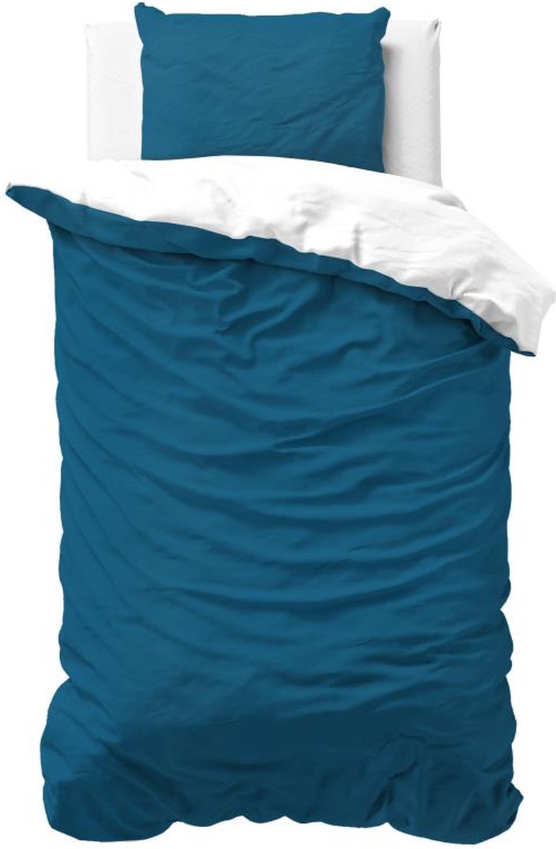 Sleeptime Twee Kleuren Dekbedovertrek - Eenpersoons 140x200/220 cm - Inclusief 1 Kussensloop 60x70 cm - Donkerblauw/Wit