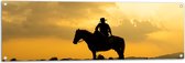 Tuinposter – Silhouet van Cowboy op zijn Paard tijdens Mooie Zomerse Zonsondergang - 120x40 cm Foto op Tuinposter (wanddecoratie voor buiten en binnen)