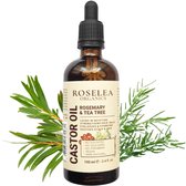 Roselea Organics - Biologische Castor Olie met Rozemarijn & Tea Tree – Voedt het haar en stimuleert de haargroei - Versterkt haar, wimpers, wenkbrauwen en nagels - Al onze Ingrediënten zijn Natuurlijk (100 %) en Biologisch (99 %) - 100 ml.