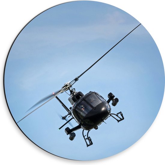 WallClassics - Dibond Muurcirkel - Zwarte Helikopter bij Blauwe Lucht - 30x30 cm Foto op Aluminium Muurcirkel (met ophangsysteem)