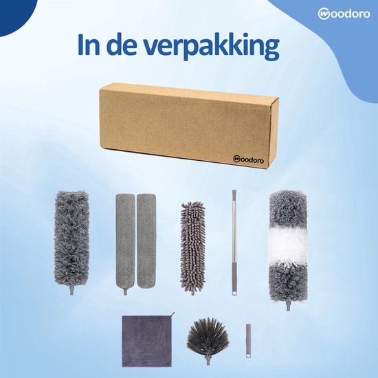 Woodoro Ragebol Uitschuifbaar Complete 9-Delige Set - Verstelbare Telescoopsteel - Plumeau - RVS - Zwart & Grijs