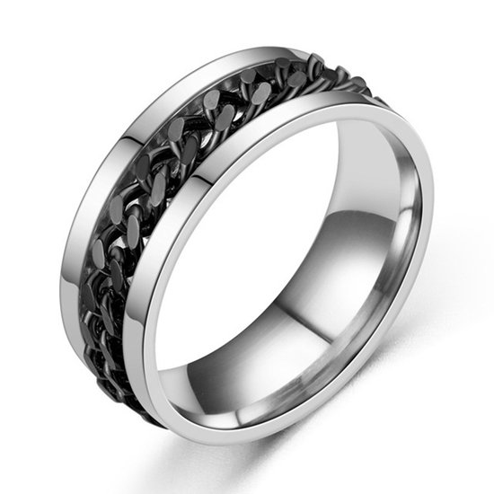 Fidget Ring Zilver - Zwart (Maat 55 - 17 mm - 17.4 mm) - Anxiety Ring - Angst Ring - Stress Ring Heren / Dames - Spinning Ring - Draai Ring - Zilver Roestvrij Staal - Spinner Ring
