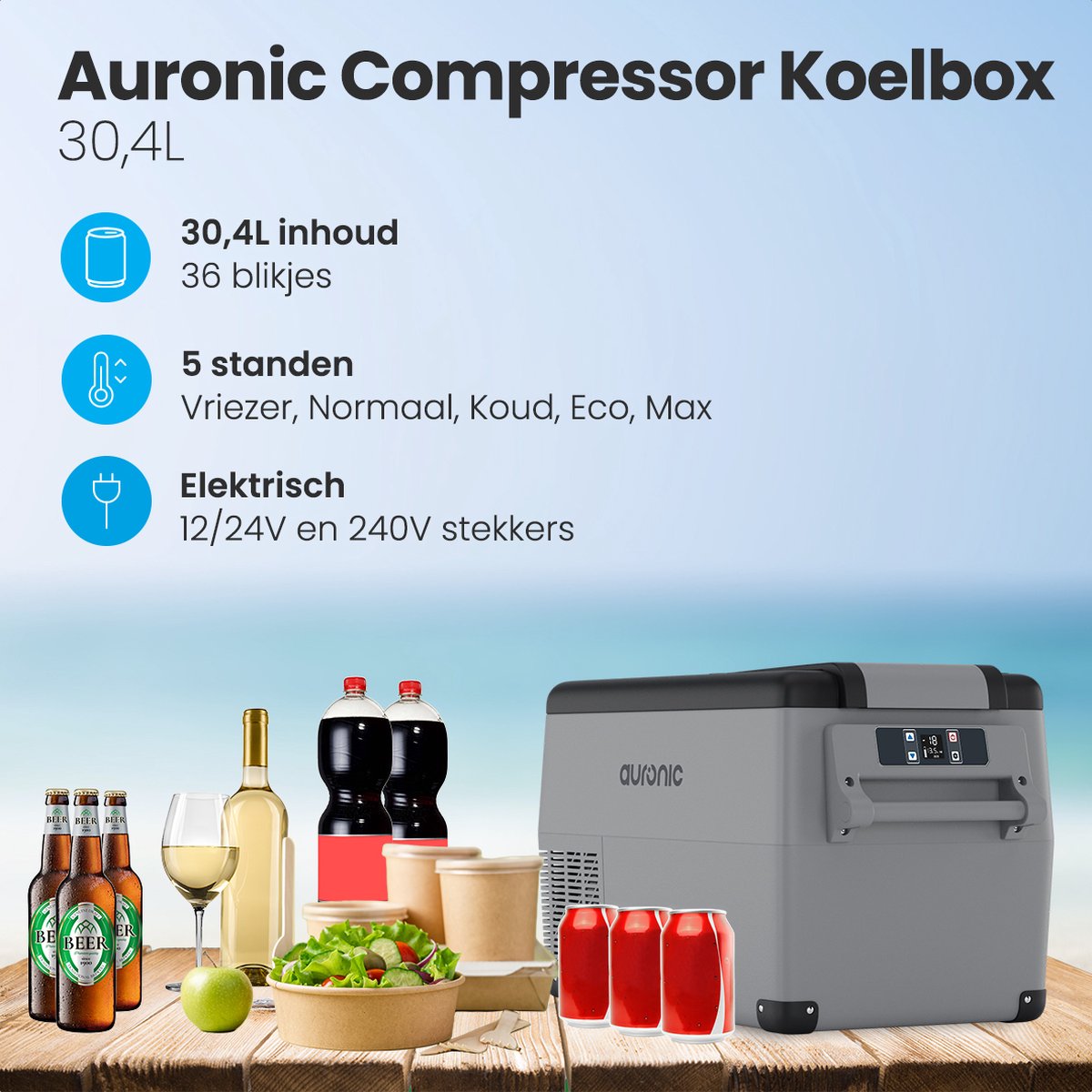 Auronic Compressor Koelbox Elektrisch 12V en 230 volt - Camping Koelkast - 5 Standen - 30.4L - Frigobox - Grijs – foto 2