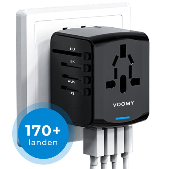 Voomy Universele Wereldstekker - 170+ Landen - 4 USB Poorten - Reisstekker...