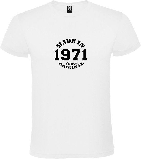 Wit T-Shirt met “Made in 1971 / 100% Original “ Afbeelding Zwart Size XS