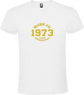 Wit T-Shirt met “Made in 1973 / 100% Original “ Afbeelding Goud Size XS