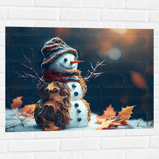 Muursticker - Sneeuwpop met Takken Armen tussen de Herfstbladeren - 80x60 cm Foto op Muursticker