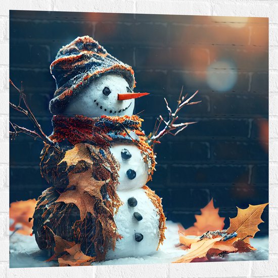 Muursticker - Sneeuwpop met Takken Armen tussen de Herfstbladeren - 80x80 cm Foto op Muursticker