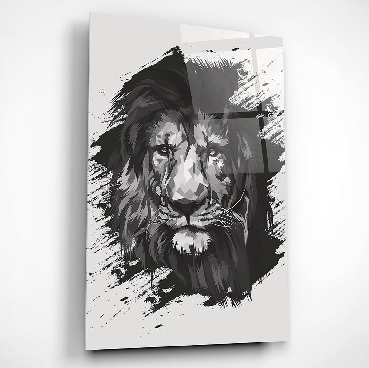 Lion Leeuw - Black and Grey - Glasschilderij - 70cm x 50cm - Inclusief Ophangsysteem