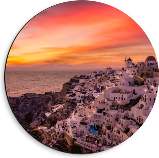 Dibond Muurcirkel - Uitzicht over Klassieke Griekse Stad tijdens de Zonsondergang - 40x40 cm Foto op Aluminium Muurcirkel (met ophangsysteem)
