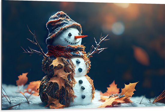 Dibond - Sneeuwpop met Takken Armen tussen de Herfstbladeren - 105x70 cm Foto op Aluminium (Wanddecoratie van metaal)