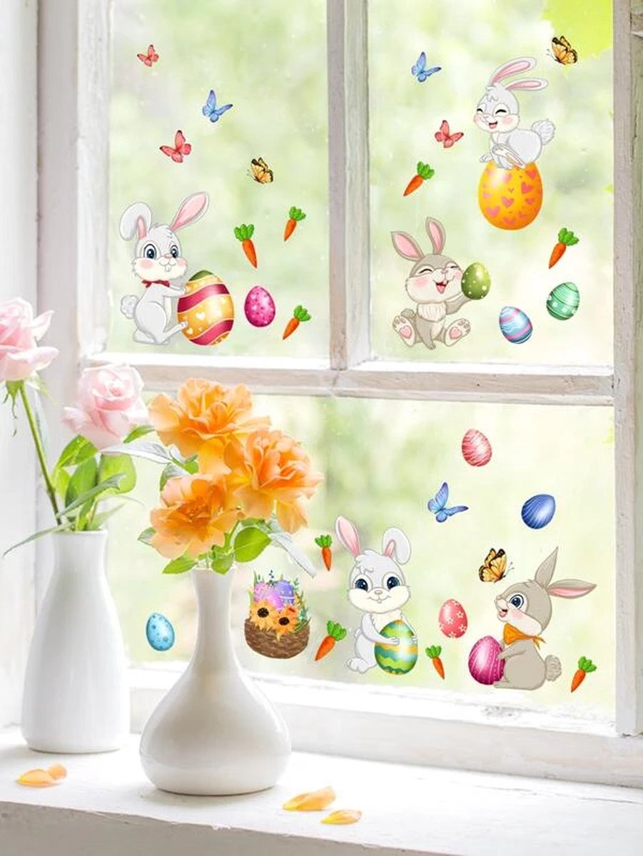Muursticker - Raamsticker Pasen - Easter - Konijn - Eieren - Wortel Paaseieren - Winkel - Muur Sticker / Raam sticker Keuken – Handgeschilderd | Kinderkamer | Jongens – Meisjes | Decor - Poster | Verwijderbaar – Zelfklevend plakfolie | DH collection