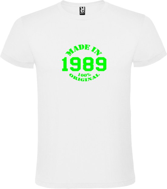 Wit T-Shirt met “Made in 1989 / 100% Original “ Afbeelding Neon Groen Size XS
