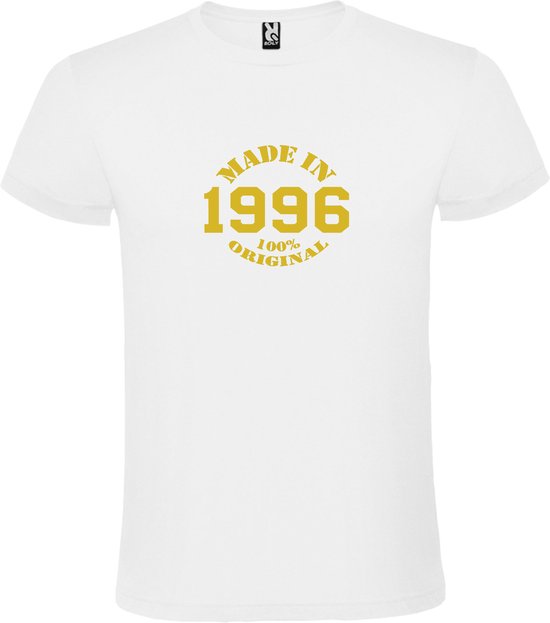 Wit T-Shirt met “Made in 1996 / 100% Original “ Afbeelding Goud Size XXXXL