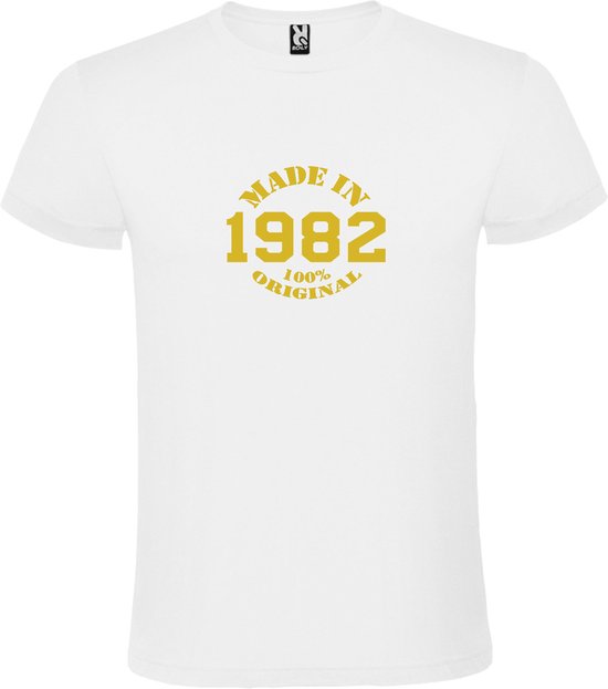 Wit T-Shirt met “Made in 1982 / 100% Original “ Afbeelding Goud Size XXXXL