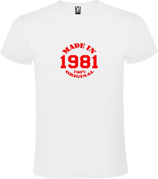 Wit T-Shirt met “Made in 1981 / 100% Original “ Afbeelding Rood Size XS