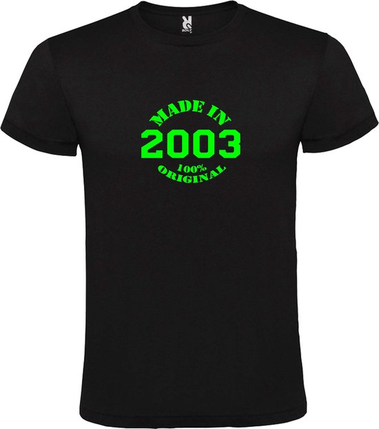Zwart T-Shirt met “Made in 2003 / 100% Original “ Afbeelding Neon Groen Size XXXL