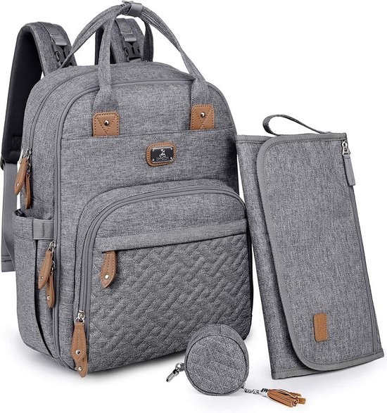 Hafmall Luiertas, rugzak, waterdicht, reisbabytas, stijlvol, grote capaciteit, babyluierrugzak met aankleedkussen en haak voor kinderwagen (zwart grijs