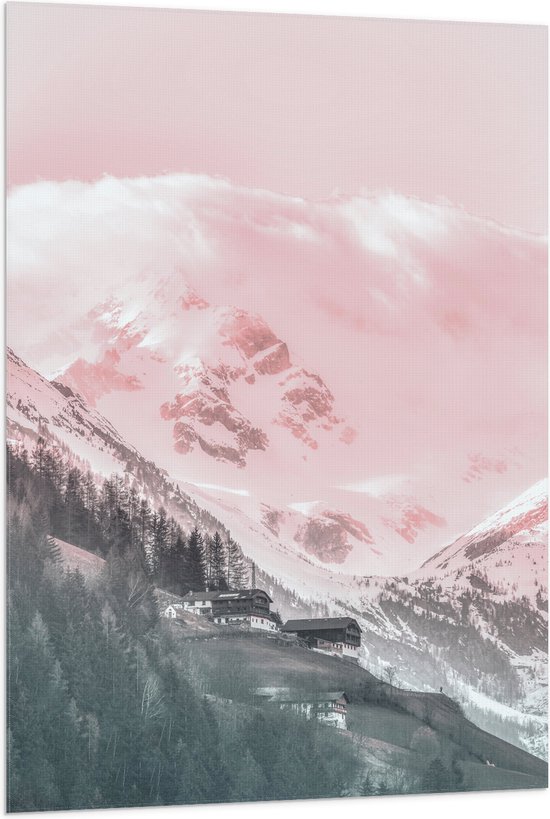 Vlag - Pastelroze Gloed over Hoge Besneeuwde Bergen - 80x120 cm Foto op Polyester Vlag