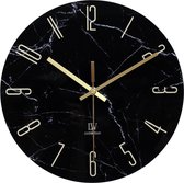 LW Collection wandklok glas marmer zwart goud 30cm - kleine klok - stille wandklok - keukenklok stil uurwerk - design klok