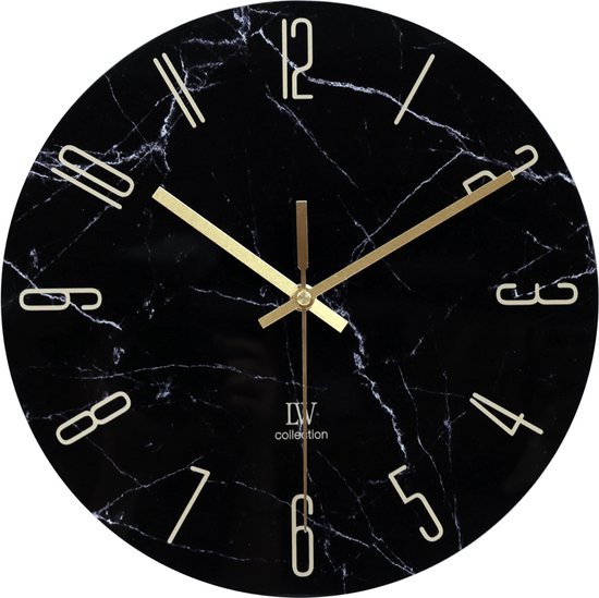 LW Collection wandklok glas marmer zwart goud 30cm - kleine klok - stille wandklok - keukenklok stil uurwerk