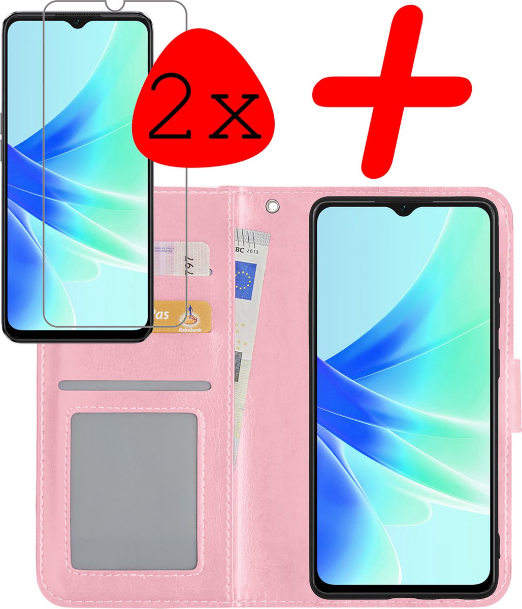 Hoesje Met 2x Screenprotector - Geschikt voor OPPO A57s - Luxe Pasjeshouder - Bookcase Portemonee - Flip Case - Kunstleer Book Case - Flipcase Hoes - Book Cover - Walletcase - Portemonneehoes - Lichtroze