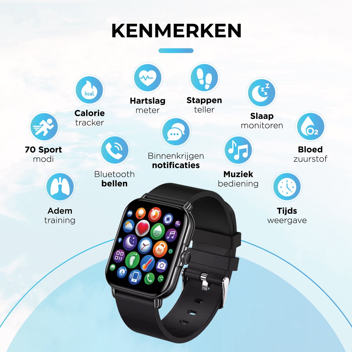 AyeWay Smartwatch Waterdicht & Touchscreen 70 Sportmodes Met App