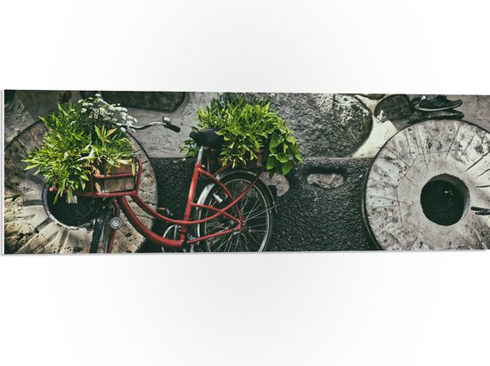 WallClassics - PVC Schuimplaat - Rode Fiets versierd met Planten tegen Stenen Muur - 90x30 cm Foto op PVC Schuimplaat (Met Ophangsysteem)