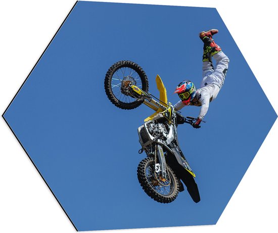 WallClassics - Dibond Hexagon - Freestyle Motocross boven Boom - 80x69.6 cm Foto op Hexagon (Met Ophangsysteem)