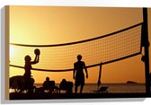 Hout - Silhouet van Gelukkig Familie op het Strand tijdens Volleybal - 60x40 cm - 9 mm dik - Foto op Hout (Met Ophangsysteem)
