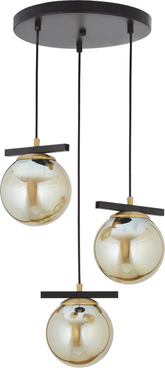 Chesto Roma Triple Smoky Gold - Luxe Industriële Hanglamp - 3 Glazen Bollen Smoking glas / Rookglas - Eetkamer, Woonkamer