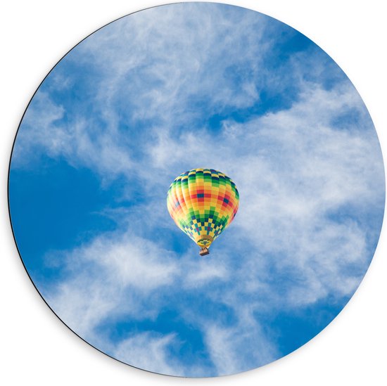 WallClassics - Dibond Muurcirkel - Kleurrijke Luchtballon met Blokpatroon - 60x60 cm Foto op Aluminium Muurcirkel (met ophangsysteem)