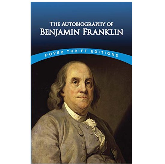 Livre "The Autobiography of Benjamin Franklin" avec un tableau de Benjamin Franklin.