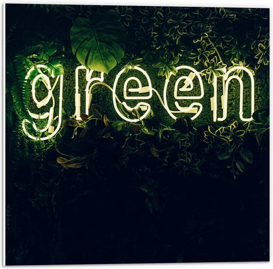 PVC Schuimplaat - ''GREEN'' Neon Letters tussen Struiken - 50x50 cm Foto op PVC Schuimplaat (Met Ophangsysteem)