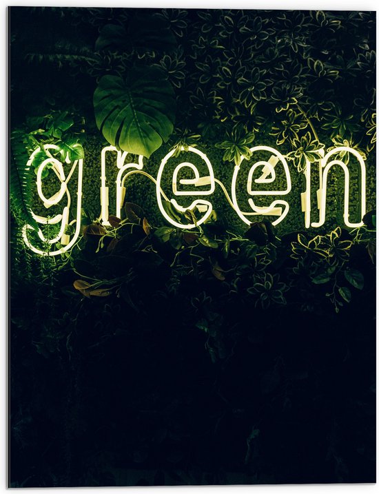 Dibond - ''GREEN'' Neon Letters tussen Struiken - 60x80 cm Foto op Aluminium (Met Ophangsysteem)