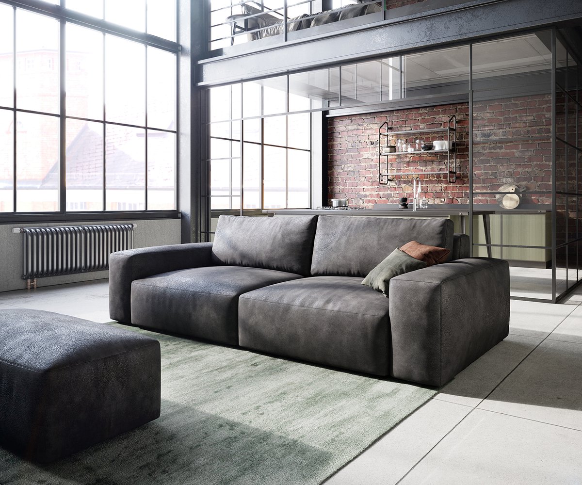 DELIFE Big-sofa Lanzo kunstleer vintage antraciet 230x95 cm met hocker Grijs