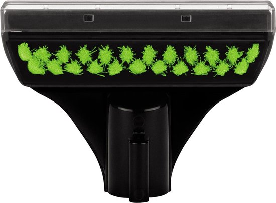 Tête d'aspirateur de taches noir avec couvercle transparent et une rangée de poils vert vif.