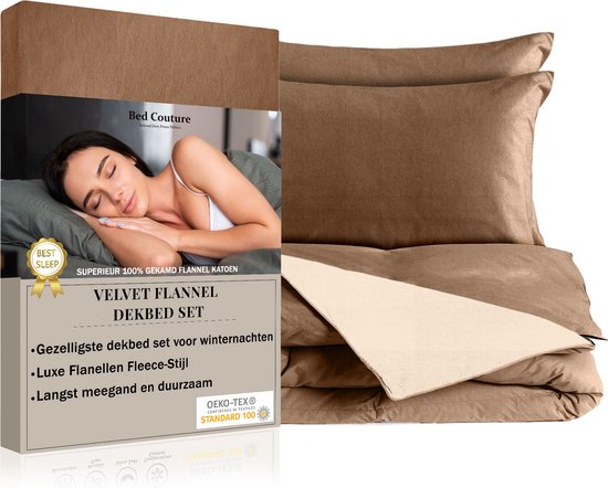 Bed Couture - Velvet Flanel Dekbedovertrek set - 100% Katoen Extra zacht en Warm - 135x200 + 2 kussenslopen 65x65 - Cappucino/Goud Beige