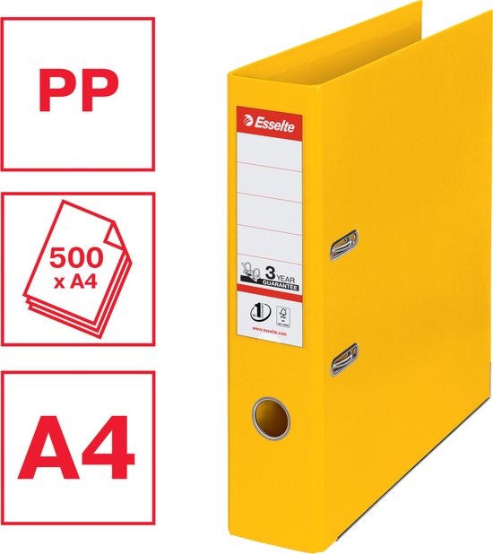 Gele Esselte ordner voor 500 vel A4 papier, met labelhouder.