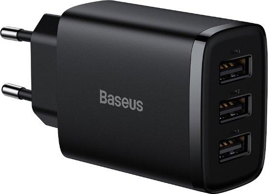 Baseus - Compacte USB oplader - Met 3 USB poorten - Geschikt voor USB Aansluiting - 17W - Zwart