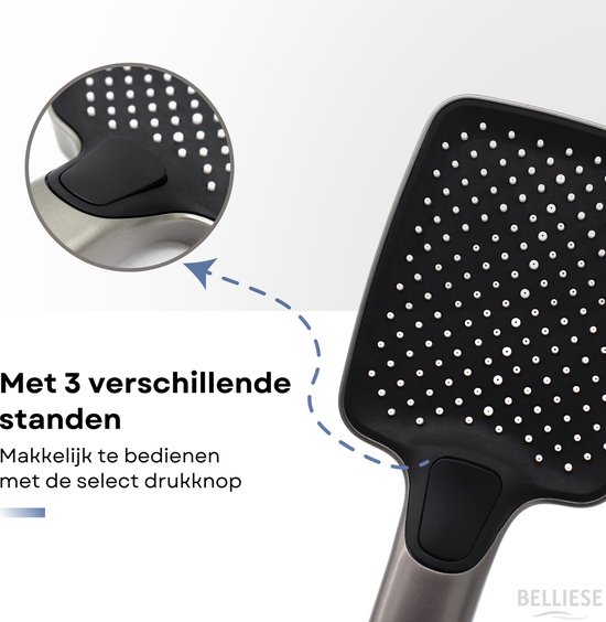 Görbach Roestvrijstalen doucheset met doucheplank, douchestangset 70 cm met douchekophouder en slang voor badkamer rechthoekig Handdouche met 3 straalsoorten mat zwart