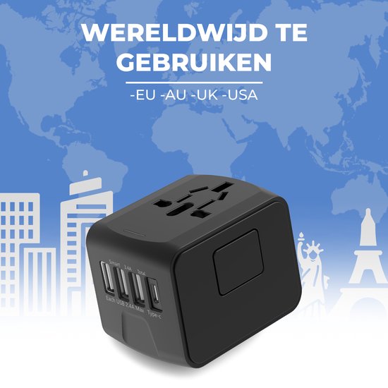 Universele Wereldstekker met USB-C en 3 USB Poorten - Reisstekker - Internationale Reisstekker voor 170+ Landen - Reisstekker Amerika - Reisstekker Engeland - Reisstekker Australië - Wereldwijd - Inclusief Gratis Flossy Oplaadkabel - Zwart